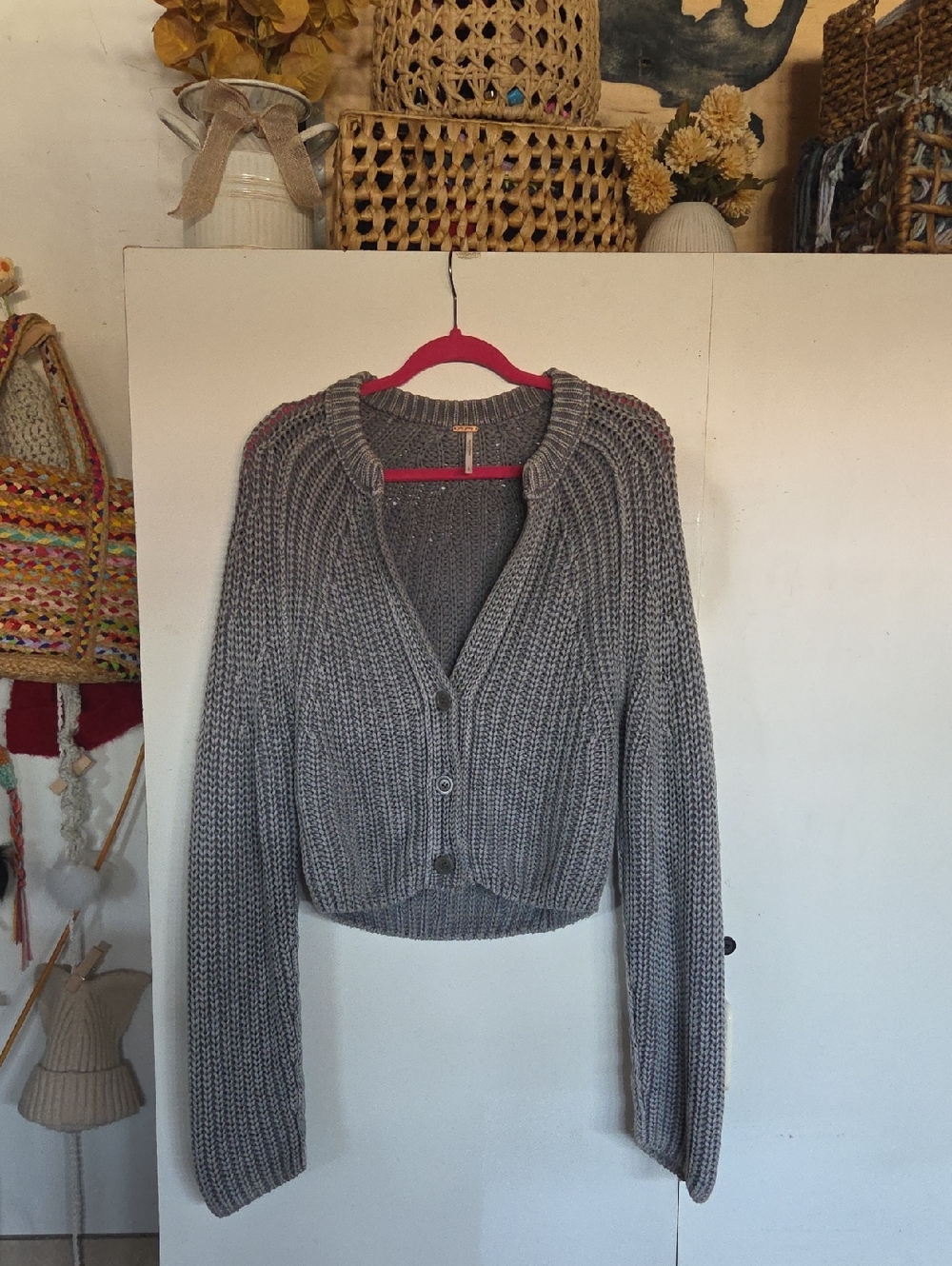 Free People Gray Chunky Ribbed Button-Front Cardigan